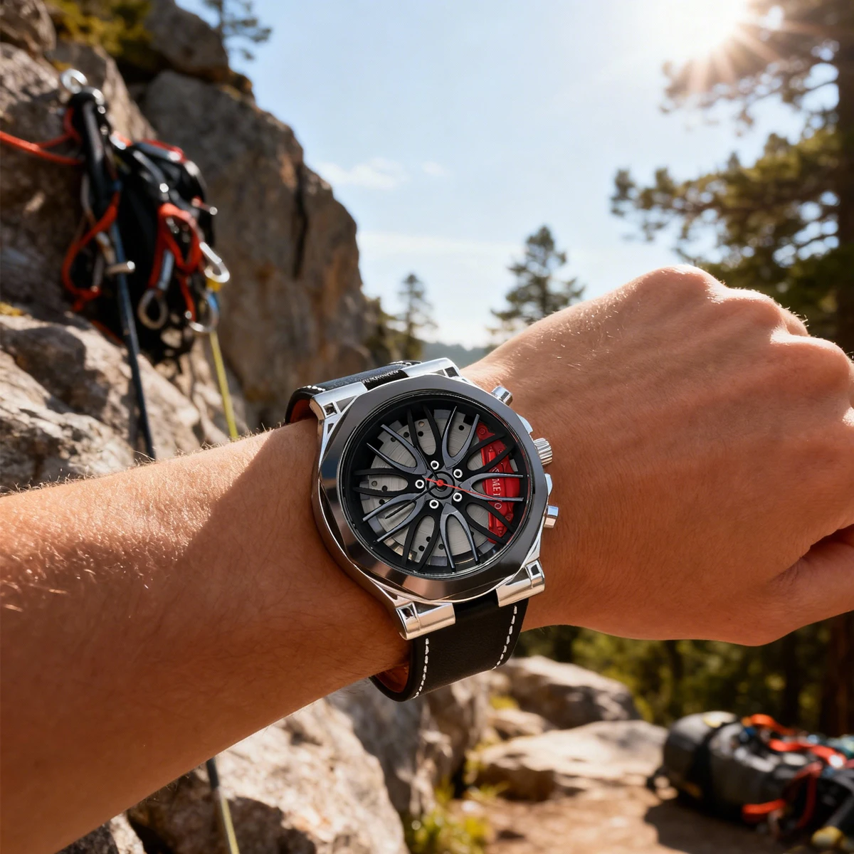 

Мужские часы с дизайном автомобильного диска - спортивные хронографы с кожаным ремешком для автолюбителей и повседневного использования