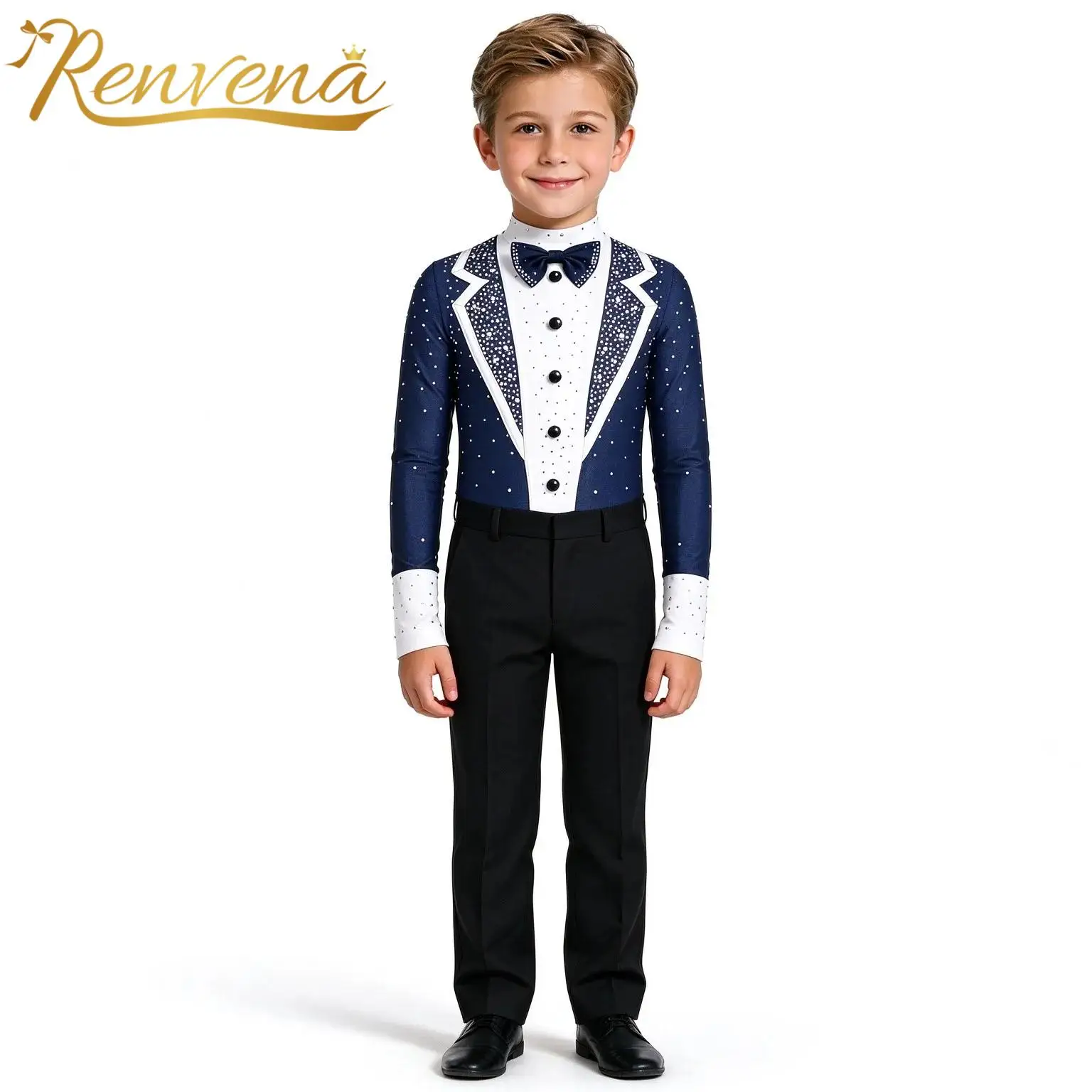 Kids Boys Gentleman Jumpsuits Jazz Bowtie Bodysuit for Tango Ballroom Latin Dance Costume Figure Skating Leotard Magician Outfit