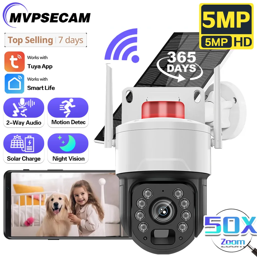 5MP Audio Surveillance IP Solar Camera 50X Optische Zoom Menselijke detectie PTZ CCTV Beveiliging WiFi Zonnepanelen Cam Tuya Smart Life