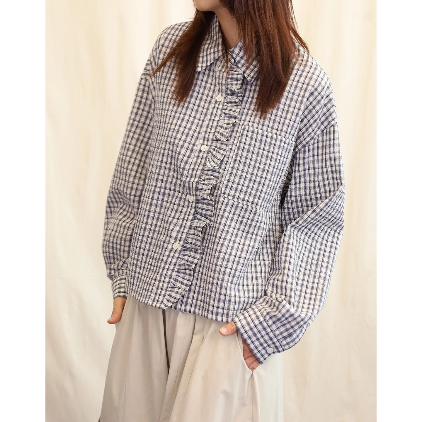 

Japanese Style Long Sleeve Shirt Bubble Texture Lace Trim Plaid Cotton Polyester Women's Loose Fit Shirt Spring Season