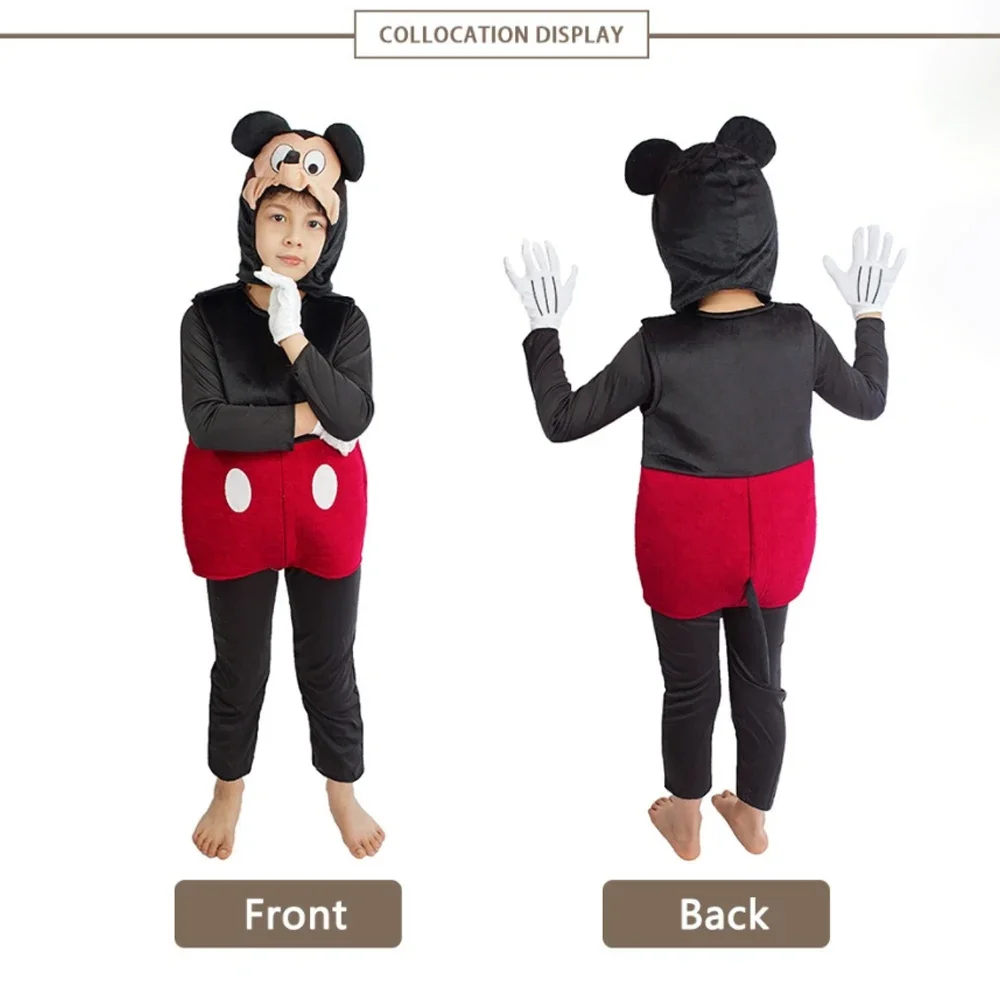 クラシックなミッキー風フルコスプレセット、象徴的な赤いショートパンツ、大きなボタン、白い手袋、耳、フード、コンベンション、パーティー、パフォーマンス用