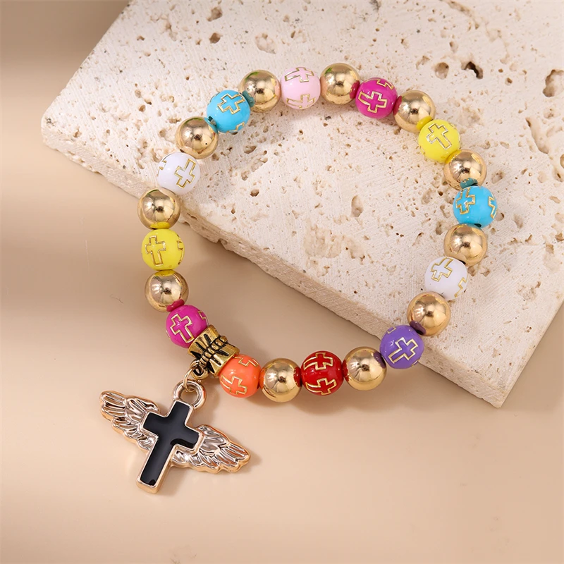 Modisches handgefertigtes Armband mit bunten Perlen für Damen, Kreuzanhänger-Armband, Freundschaftsschmuck, Geschenke für Mädchen – Detail 9
