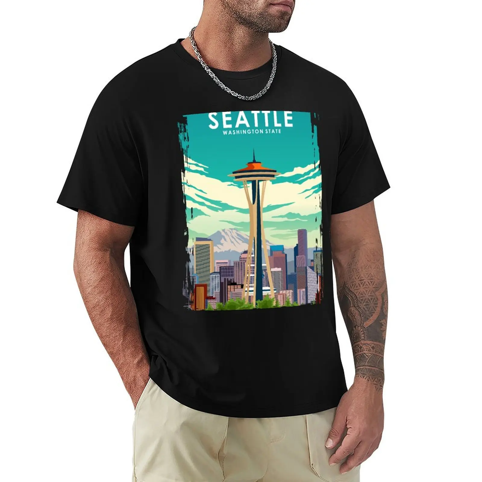 Seattle Washington State Travel Poster T-Shirt Basic Crew Neck Short Sleeve Top