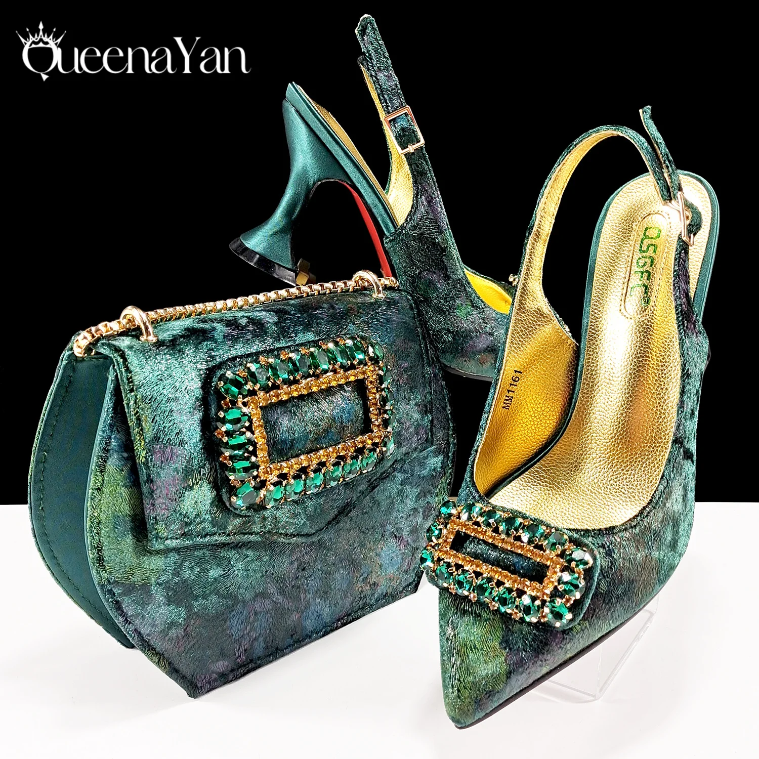 QSGFC zapatos de fiesta con incrustaciones de diamantes de imitación de diseño italiano para mujer, bolso especial para mujer, tacones altos, bolso de boda de doble propósito