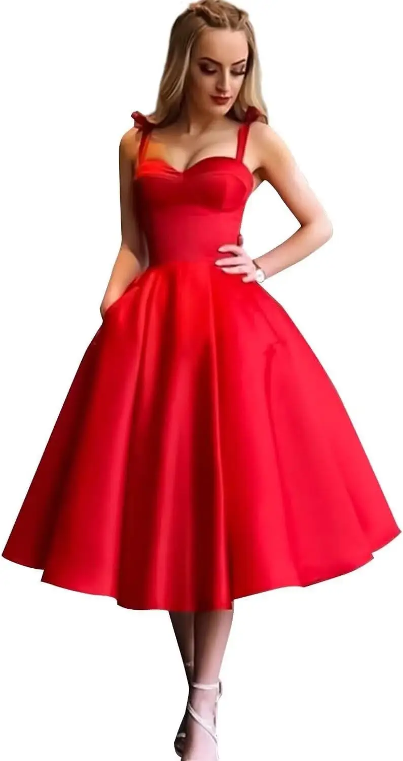 Vestido longo de chá de cetim para trás às aulas, camisola com laço fora do ombro, vestido de noite curto evasê para festa de baile e coquetel com bolsos