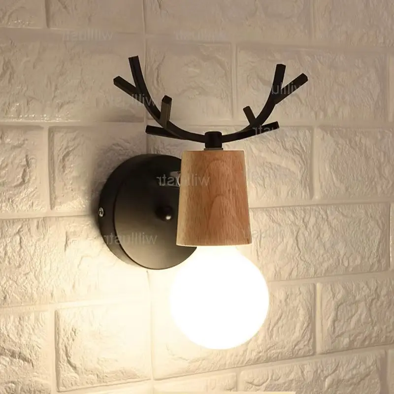 Art Deco Iron Antler Wall Sconce Wood Lamp Cafe Bar Restaurant Lounge Bakery Kitchen Lobby Aisle Modern Deer Head Creative Light
