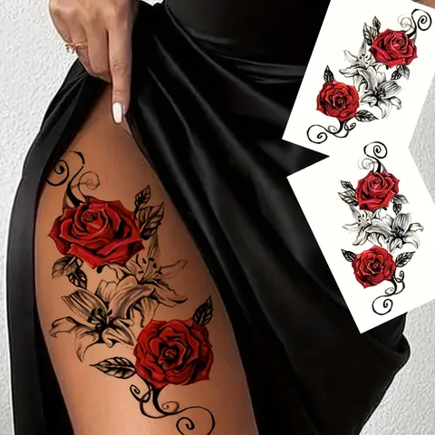 Red Rose Temporary Tattoos For Women, Snake, Eye, And Colorful Flower Waterproof Tattoos For Arms And Thighs, Sexy Transfer Tatt