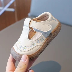 Girls Baby Small Leather Shoes 0-6 Years Old Brown Flowers Embroidery Girls Walking Shoes Non-slip Children Baby Single Shoes