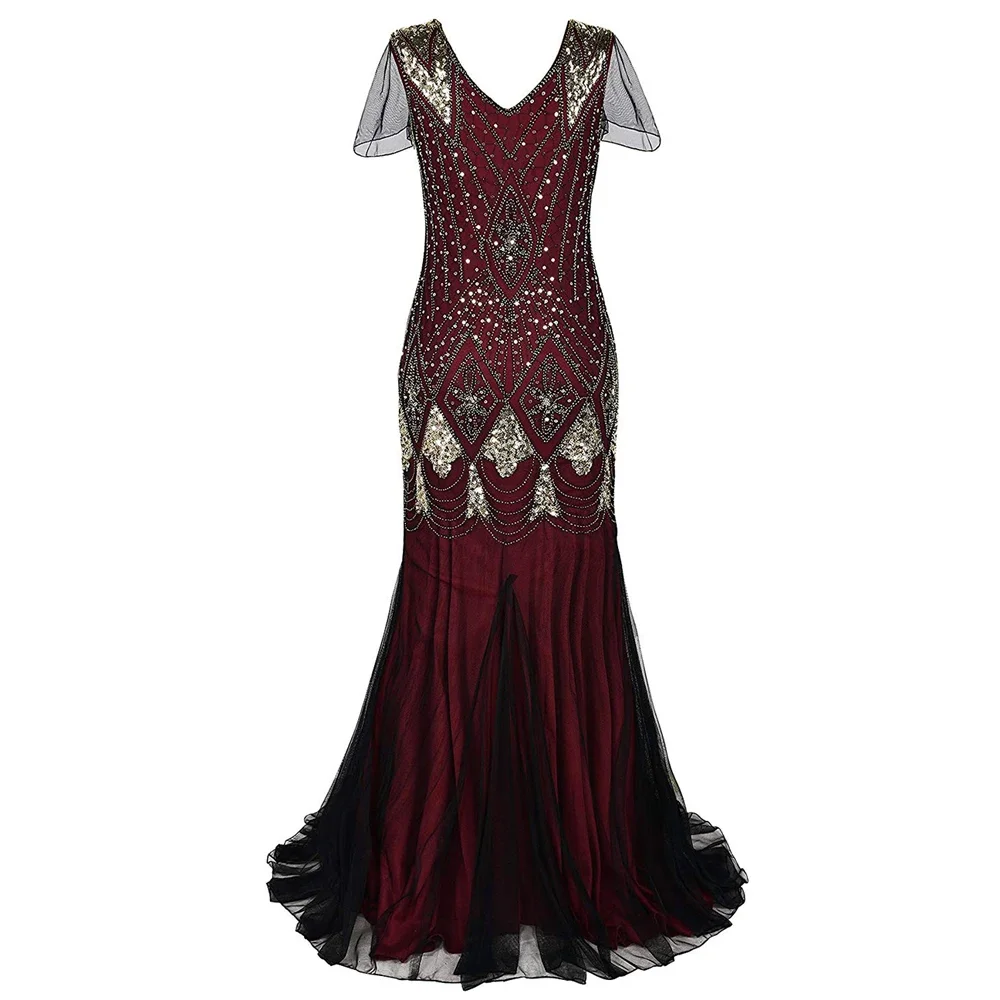 Women 1920s Great Gatsby Dress Long 20s Flapper Dress Vintage V Neck Sequins Beads Maxi Party Dress Mesh Prom Gown Elegant Dress