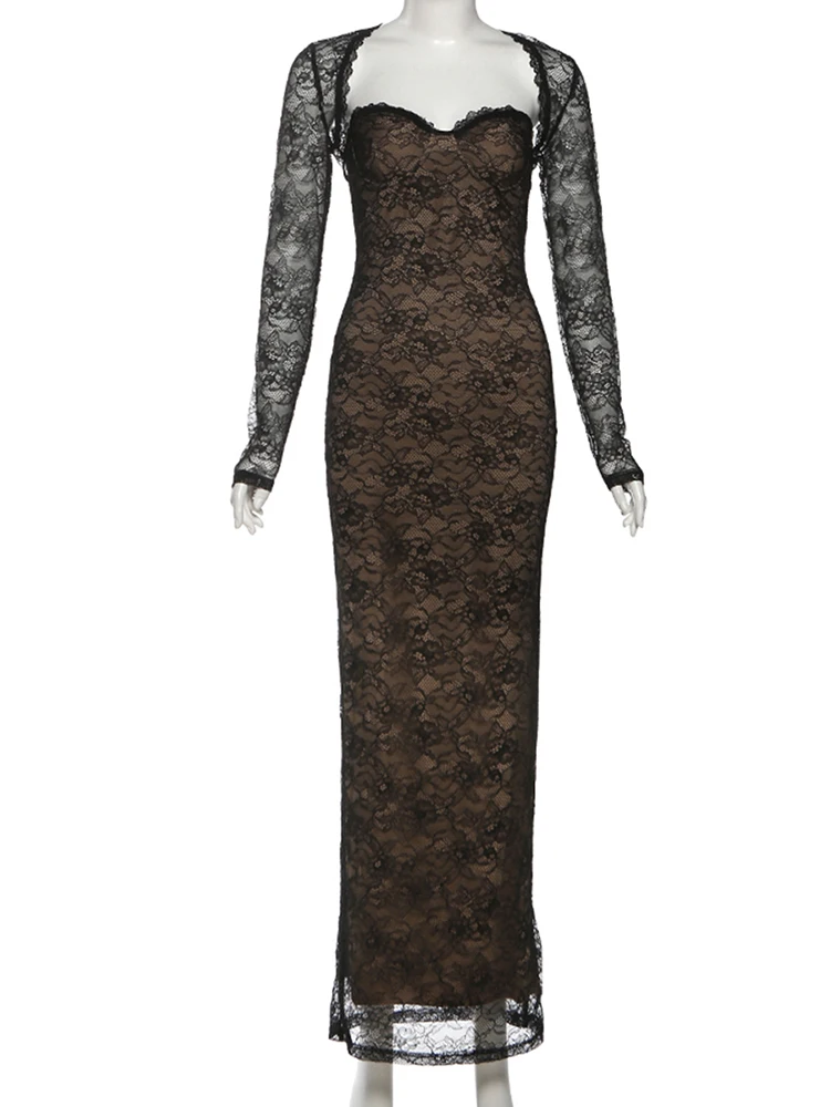 Sukienka z koronkowymi wstawkami Kliou + szal z długim rękawem, damski top na ramiączkach, odkryte plecy, wysoki stan, szata, elegancki strój na nocną imprezę, bal, eleganckie stroje