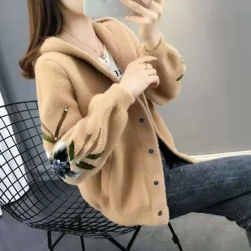 

Pop Pop Imitation Mink Coat Women's Autumn And Winter Clothes 2025 New Female's Knitting Cardigan Mother's Embroidered Jacket Ho