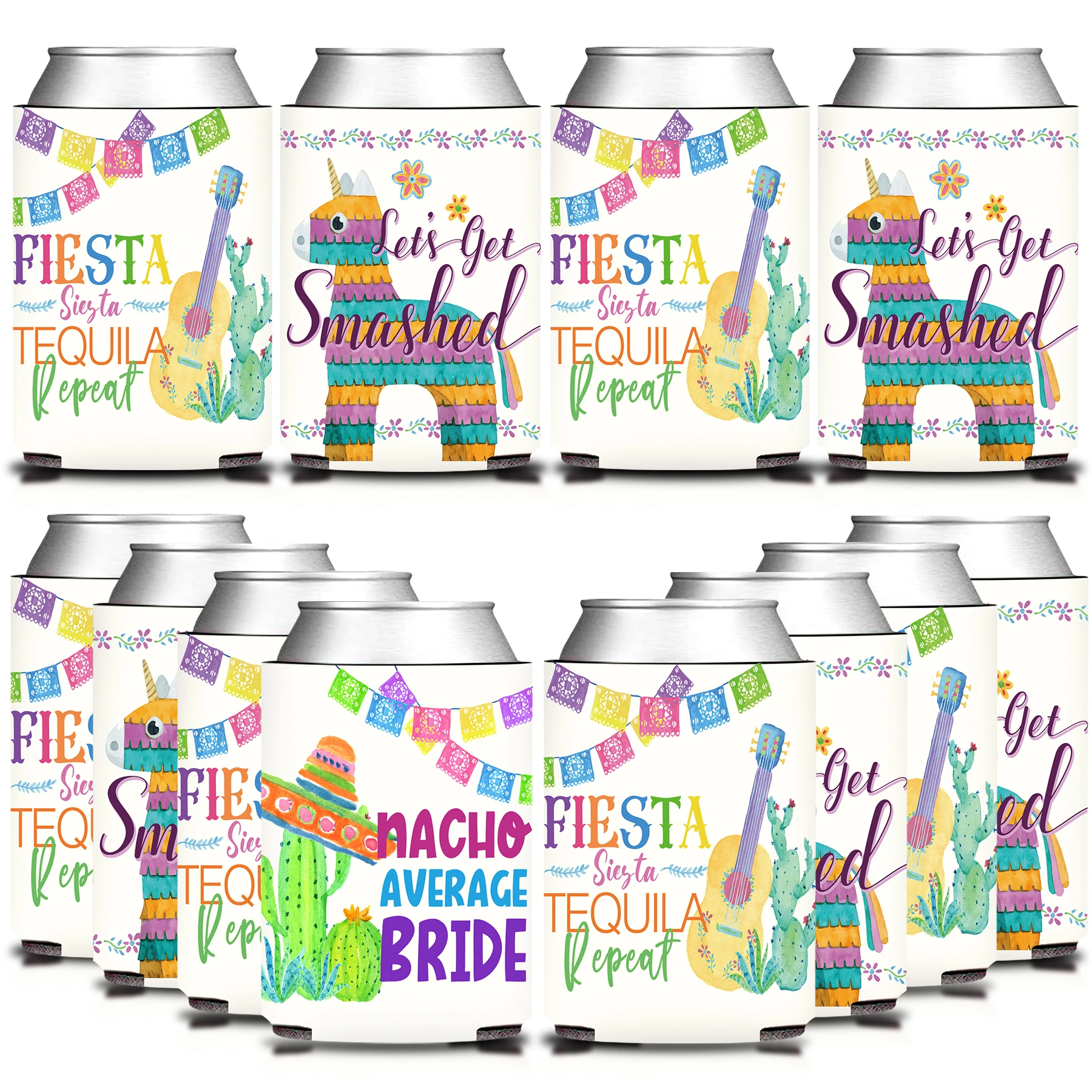 12PCS/Set, Colorful Mexican Final Fiesta Nacho Average Bachelorette Can Cooler Sleeves Party Decorations(1 Bride+11 Bridesmaid)