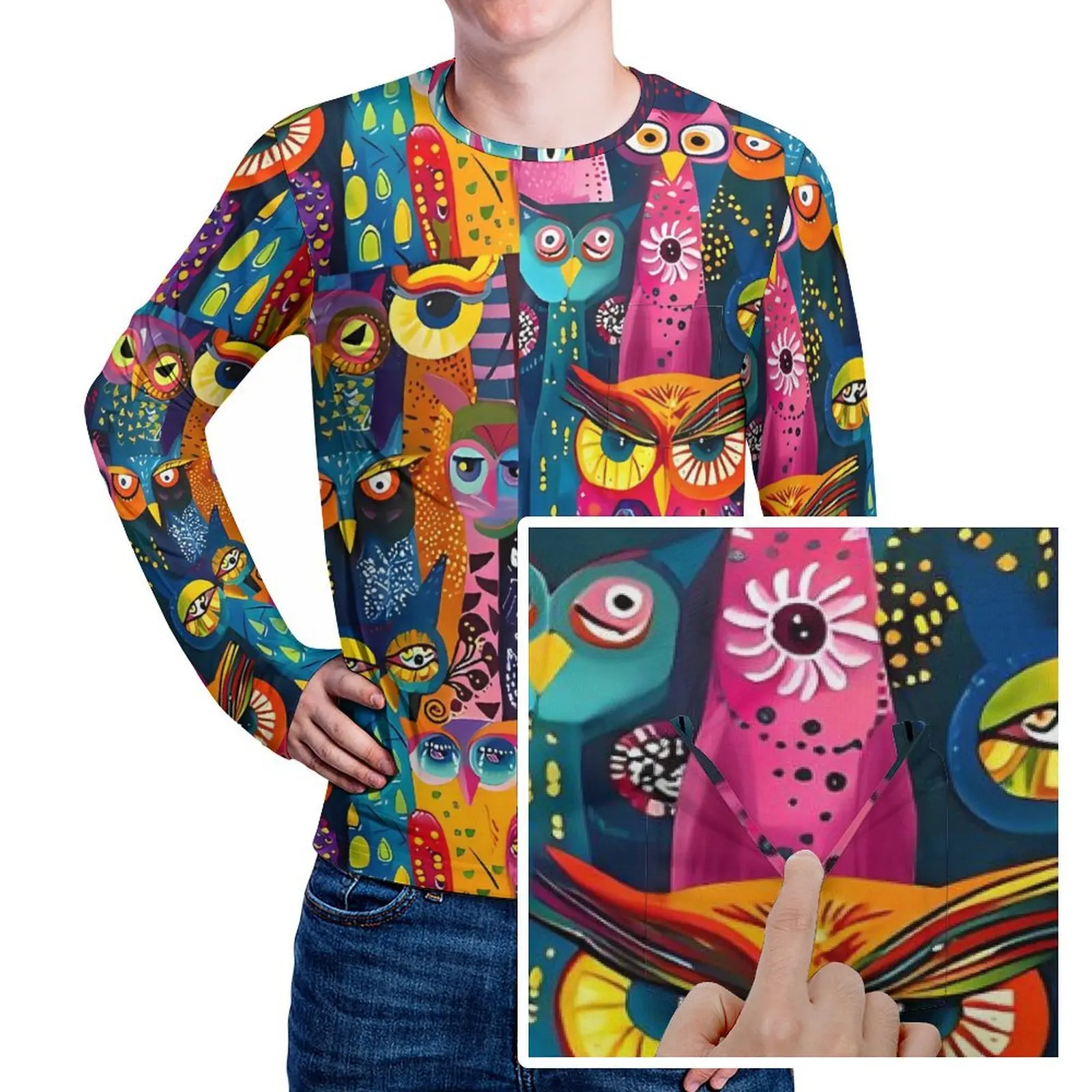 Abstract Colorful  Bold Owl T-Shirt Men Animal Aesthetic T Shirts Autumn Trendy Tee Shirt Long Sleeve Design Oversized Clothes