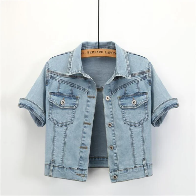 Denim เสื้อผู้หญิงแขนสั้นเสื้อแจ็คเก็ตผู้หญิงยืดหยุ่นสบาย Denim Coat Chaqueta Vaquera Mujer Veste กางเกงยีนส์ Femme