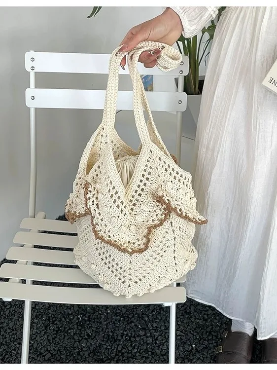 

Dongda Gate, ажурная вязаная большая сумка, женская пляжная сумка-тоут, дышащая мягкая хлопчатобумажная ткань, чистый цвет