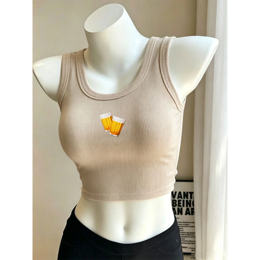 Beer Mug Cheers Cartoon Emoji Print Camisole Ribbed Tank Top Crop Y2k Top Ladies  U Neck Slim Cropped Vest Party Bar Theme Y2K
