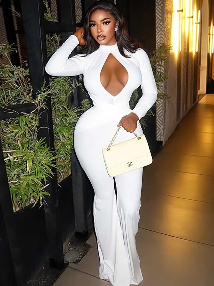 White Jumpsuits for Woman Classy Party Sexy Long Sleeve Jumpsuit Collar with Cut Out One-piece Jumpsuit Slimming High Waist