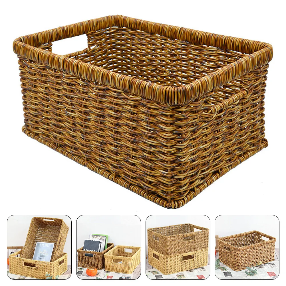 

1 Large Capacity Hollow Handle Woven Basket Imitation Rattan Storage Bin For Home Office Desktop Organizer Sundries Container