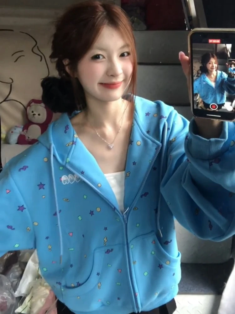 Luźna bluza z kapturem damska wiosenno-jesienna z nadrukiem gwiazd, styl high street, swobodna, wygodna odzież wierzchnia streetwear