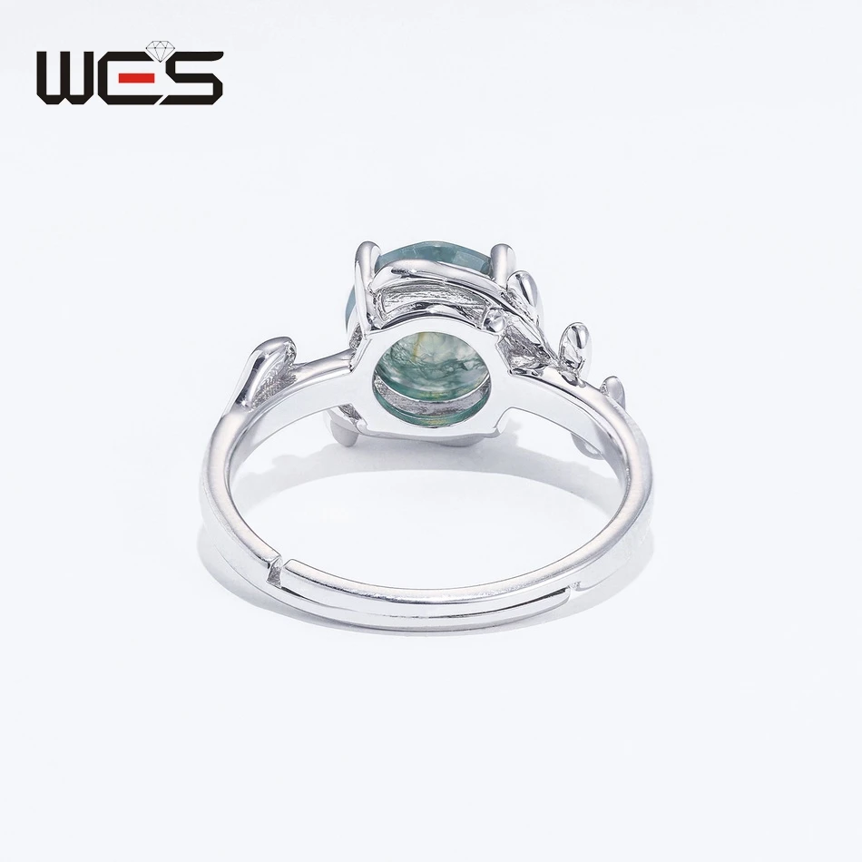 WES 925 Silver Natural Adjustable Olive Branch Moss Agate Promise Ring For Woman Unique Gem Wedding Jewelry Gift Box Wholesale