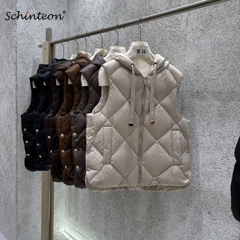 Schinteon Women White Duck Down Vest with Hood Casual Sleeveless Jacket Solid Color Argyle Autumn Winter Top Gielt 2026 New