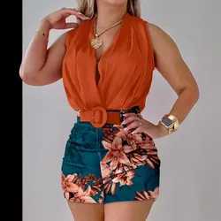 Conjunto de pantalones cortos nuevos a la moda de verano para mujer, Top Sexy sin mangas con cuello Halter, pantalones cortos estampados, conjunto de dos piezas, traje elegante para ir al trabajo para oficina