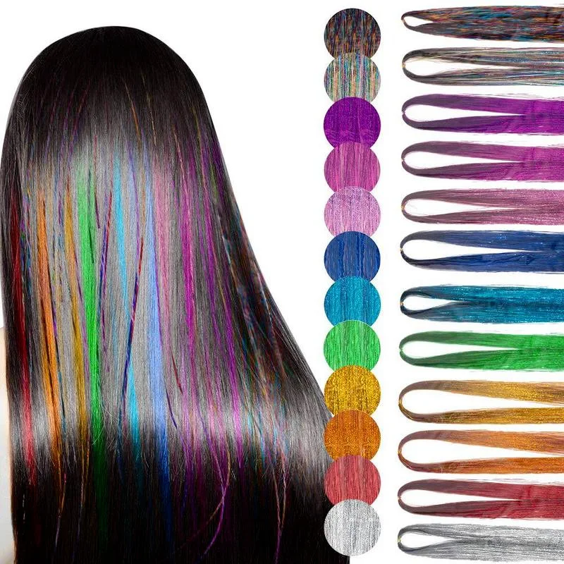 Kit de oropel de extensiones de cabello sintético, 36/48 pulgadas, 12 colores mezclados, con herramienta, oropel de pelo brillante, reflejos resistentes al calor