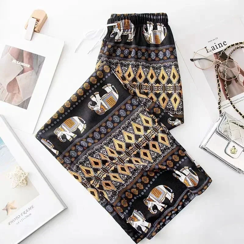 Zuidoost-Aziatische rode etnische Thaise olifant Bell Bottoms creatieve strandbroek voor dames, hoge taille broek met rechte pijpen