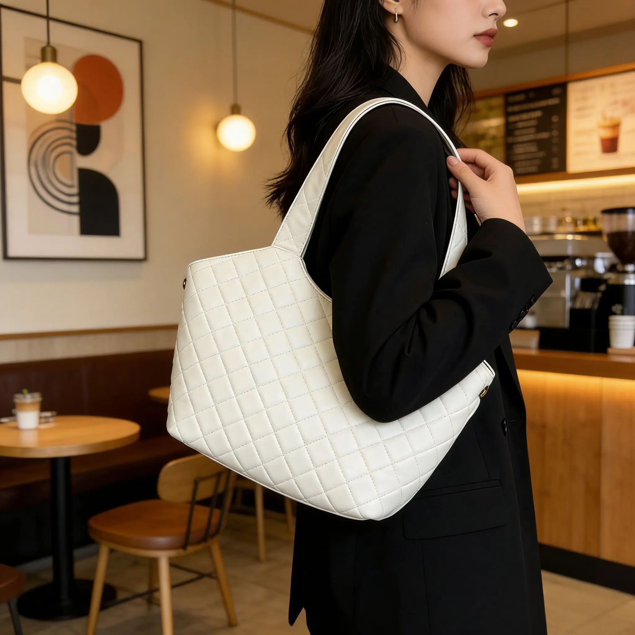 

Design Bag Women's Quilted Underarm Hobo Bag White Leather Shoulder Tote Purse