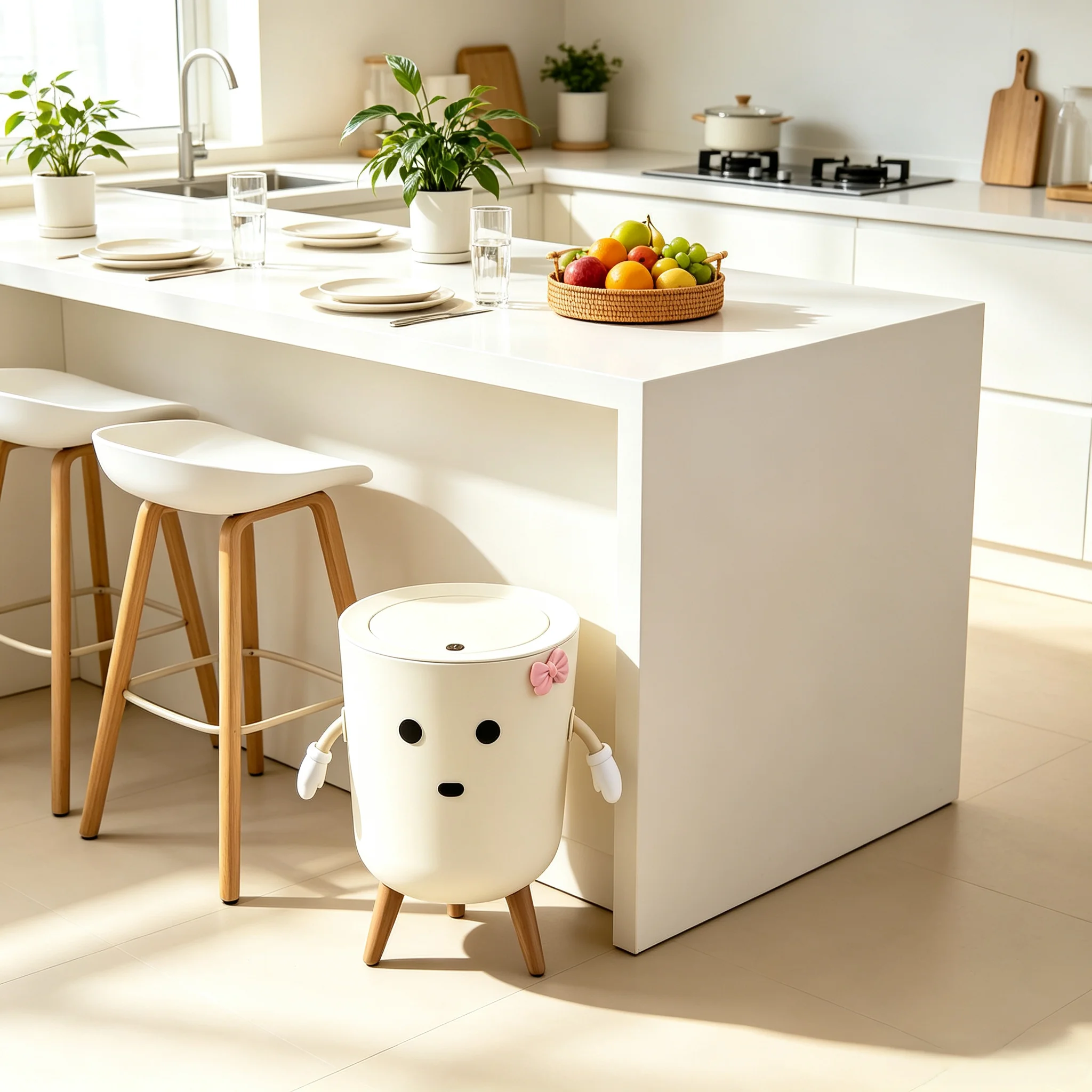 Cute Character‑Style Press‑Top Lidded Waste Bin, Round Compact Trash Can with Detachable Support Legs, Decorative Garbage Container for Kids Room Bathroom Kitchen Home Decor