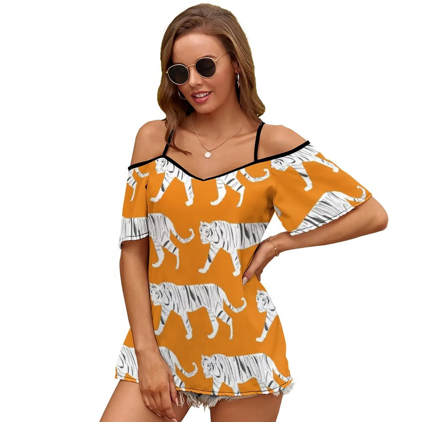 

Tiger Print Slit Sleeve Cold Shoulder Print Women T Shirt Casual Summer Tee Tshirt Loose Top Tiger Animal Fierce Orange Stripes