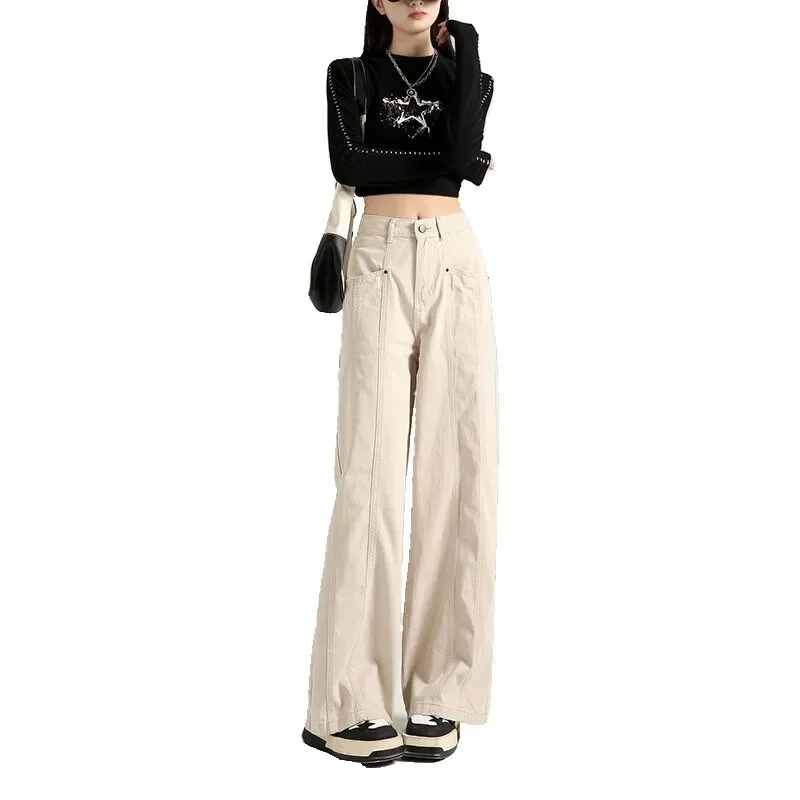 

2024 Summer New Vintage High-waisted Loose-fit Straight-leg Wide-leg Casual Pants Women's Cracker Khaki Workwear Jeans