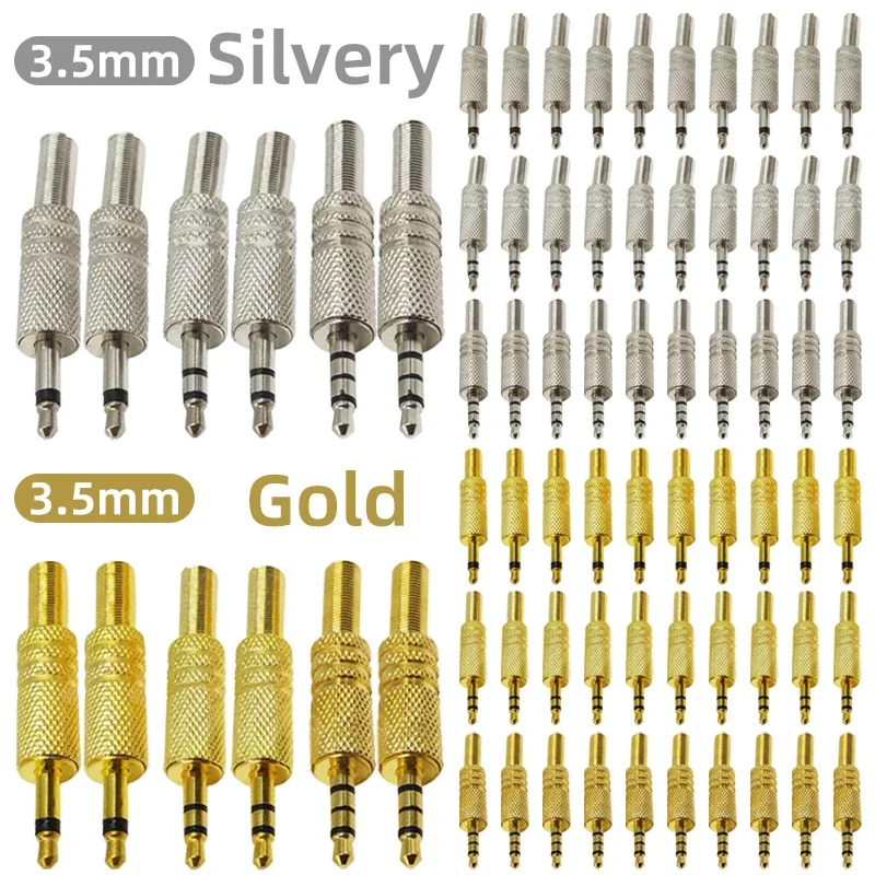 3.5mm Stereo Audio Plug, Mono/Stereo/4 Pole TRRS Connector, 2/3/4 Conductor Gold/Silver Plated for Headphone Repair DIY