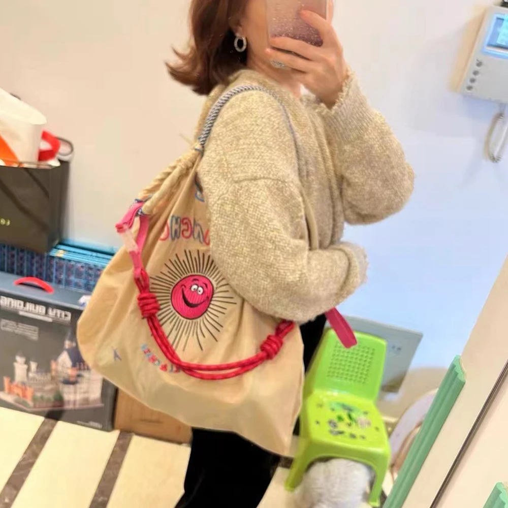 Large Nylon Tote Bag Sun Embroidery Shoulder Bags for Women Designer Eco Bag Nylon Shopper Purses and Handbags Drawstring Hobo