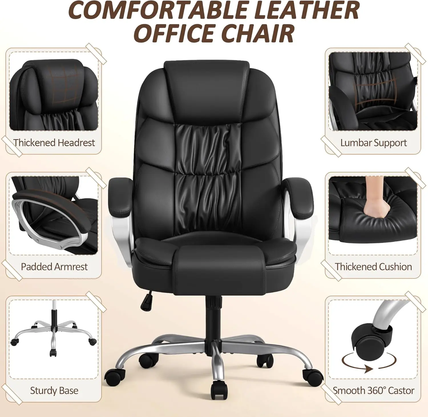 Office Chair High Back Computer Desk Chair, PU Leather Adjustable Height Modern Executive Swivel Task Chair with Padded