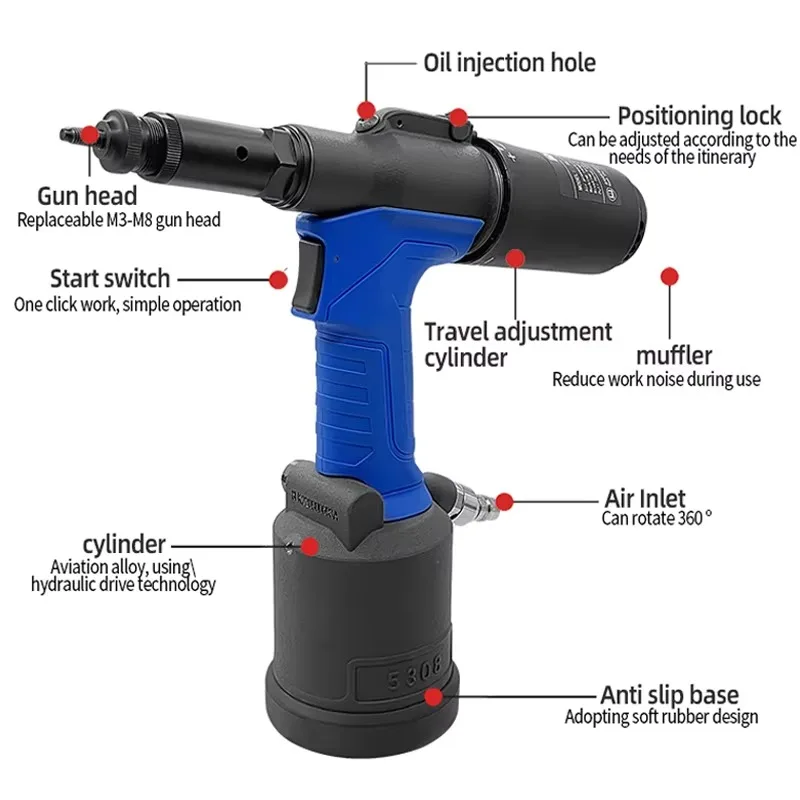 Pistol Rivet Pneumatik Kelas Industri RL5308, Alat Rivet Udara Otomatis Portabel, Rentang Rivet M3-M8, Kekuatan Tarik 24000N