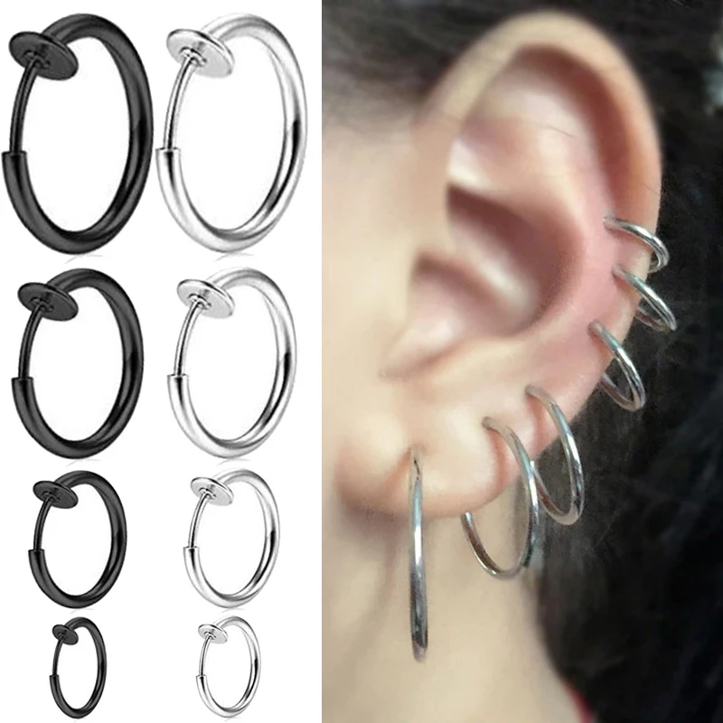 Hoop Clip On Earrings Step Diameter Circle Earring Punk Clip Stealth Spring Small Helix Retractable Ring Cuff Ear Ring Hoops