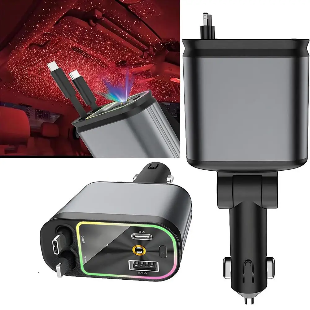 Car Roof Starlight 4 In 1 Car Charger Adapter PD Type-c Fast Charging Retractable Cable USB A C Ports For Mobile Phone Pad G2L0