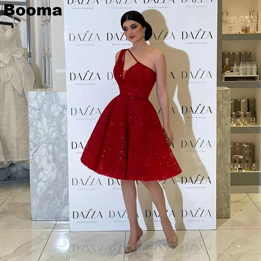 

Booma Red Glitter Short Evening Dresses One Shoulder Sequined Formal Party Events Gowns Knee Length Prom Dresses for Women Dubai