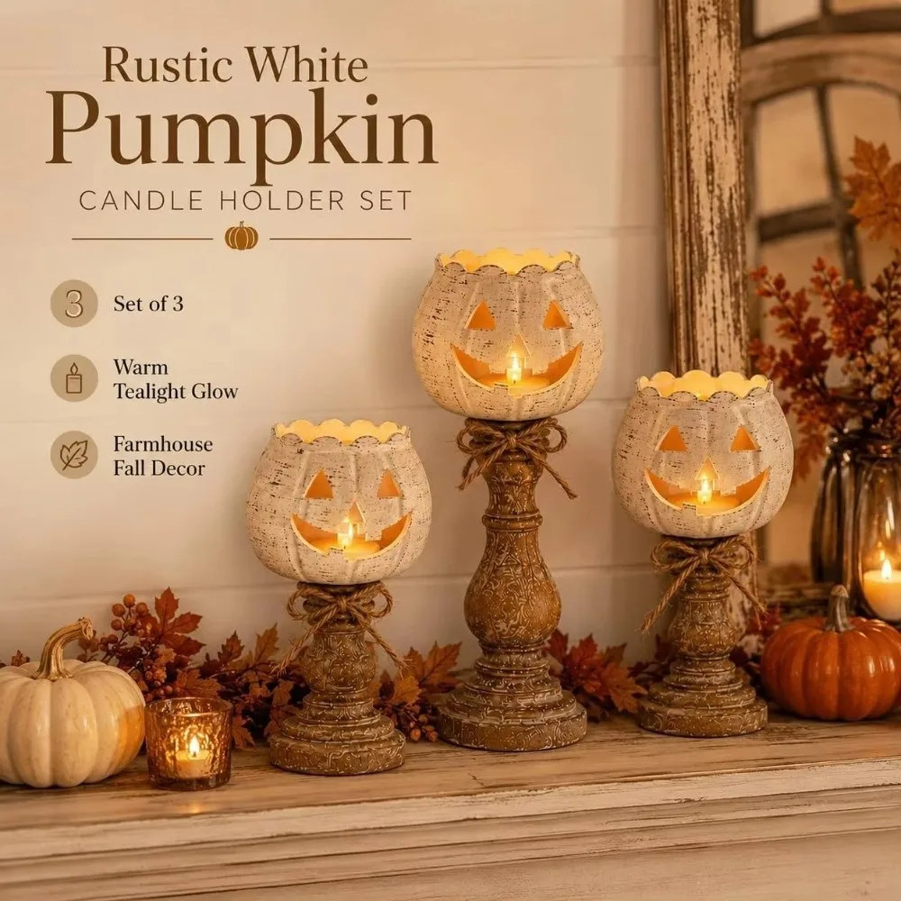 Cutout Face Pumpkin Tealight Candle Holder Scalloped Top Retro Pumpkin Tealight Holder Wood-Look Base Jute Bow