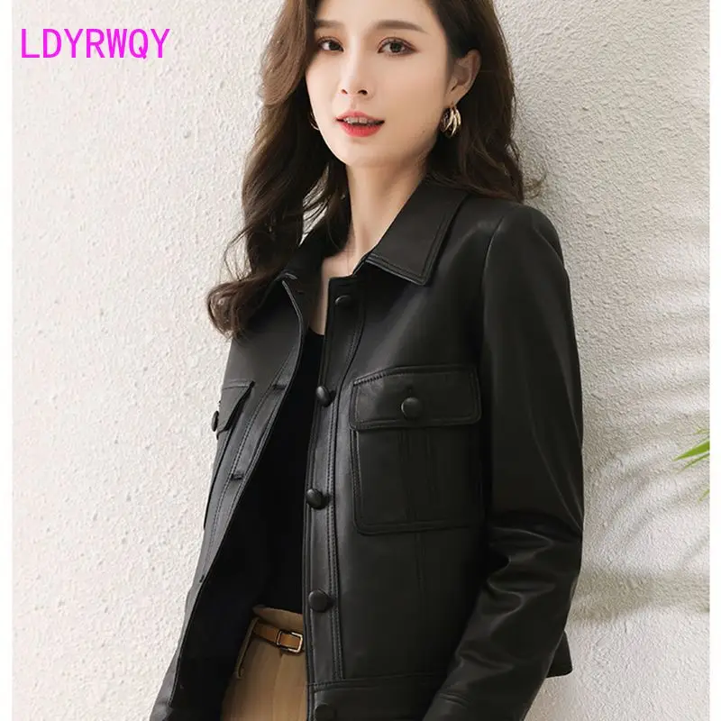 Polo Collar Leather Coat Women's 2023 New Leather Jacket Motorcycle Women's Short Coat