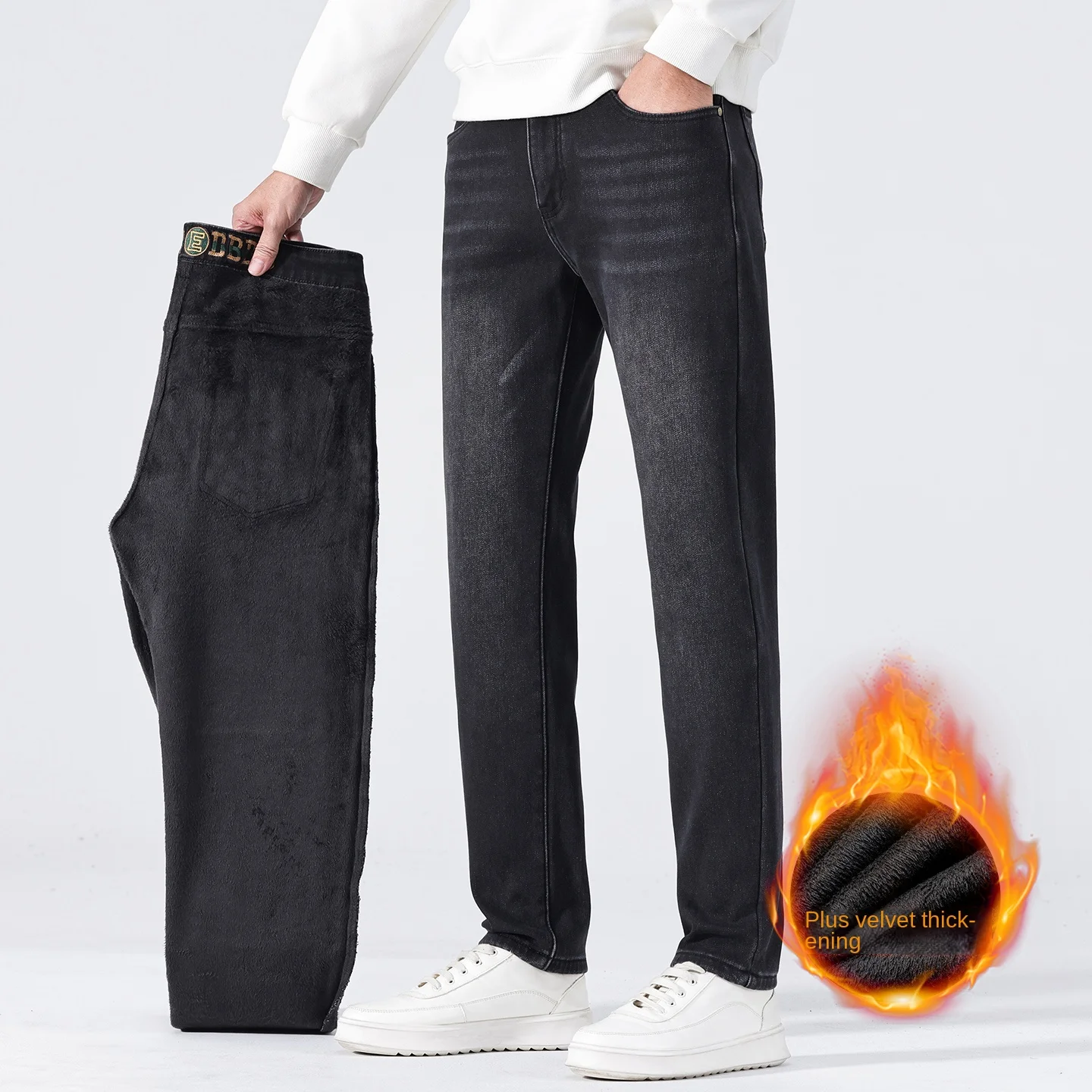 

Мужские брюки, мешковатые джинсы, зима-осень, новые черные элитные повседневные модные джинсовые брюки свободного покроя на флисовой подкладке