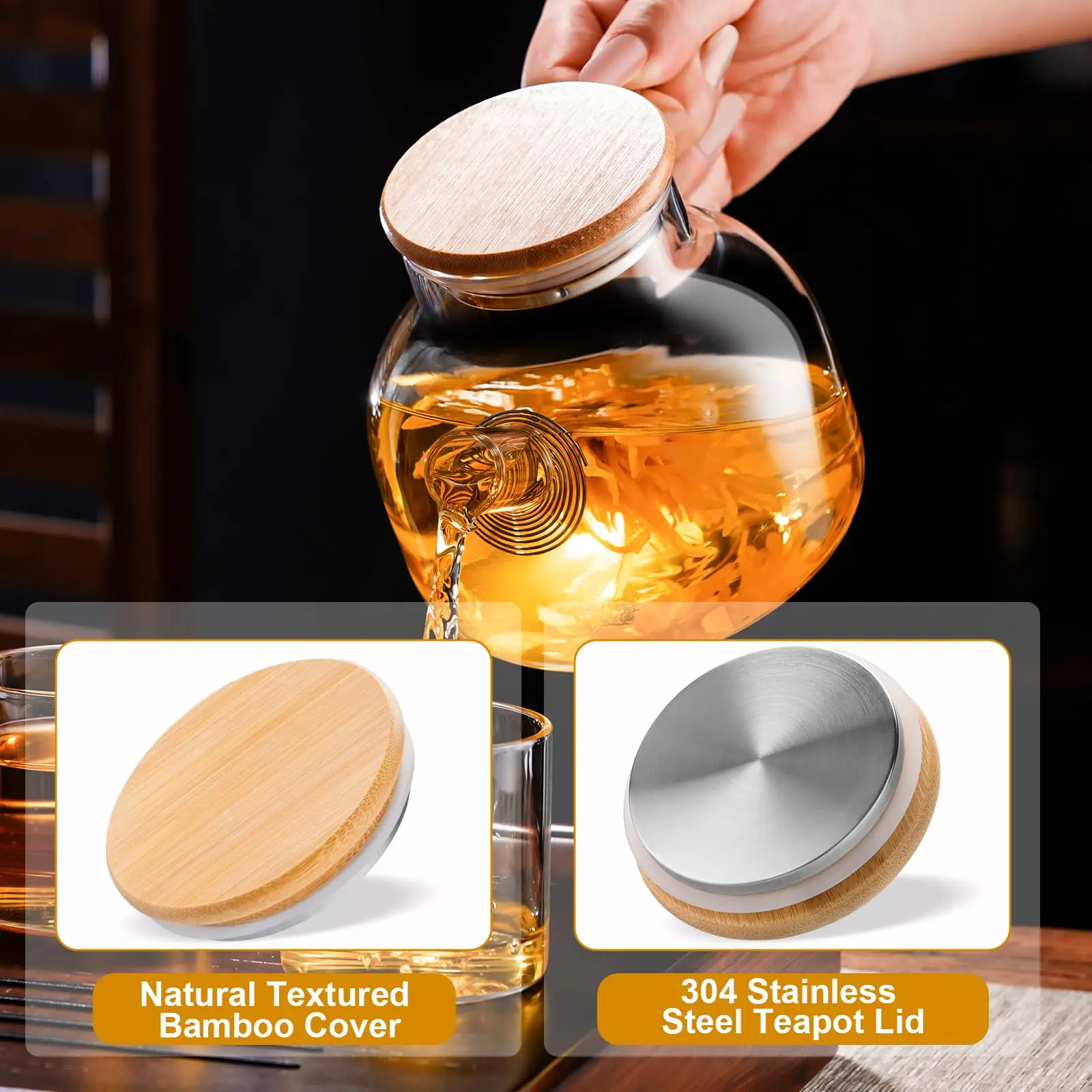 Glass Teapot,Home Stovetop Coffee Kettle,1L Heatproof Borosilicate Glass,With Bamboo Lid Removable Filter Spout,for Lemonade