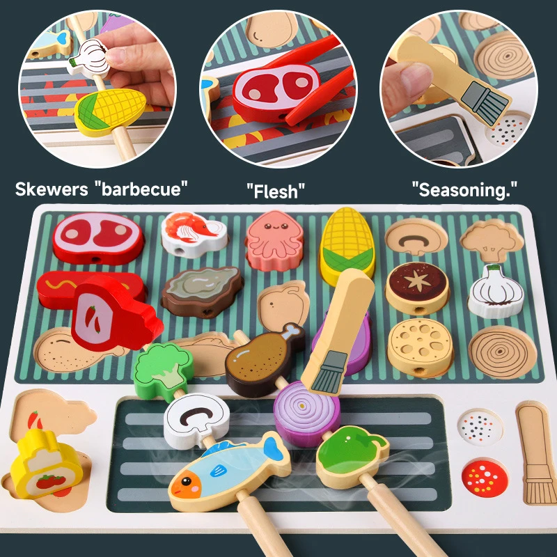 Children Wooden Barbecue Toys Puzzle Simulation Barbecue Pretend Chef Kids Play House Game Toys Food Matching Cognize Game Toys