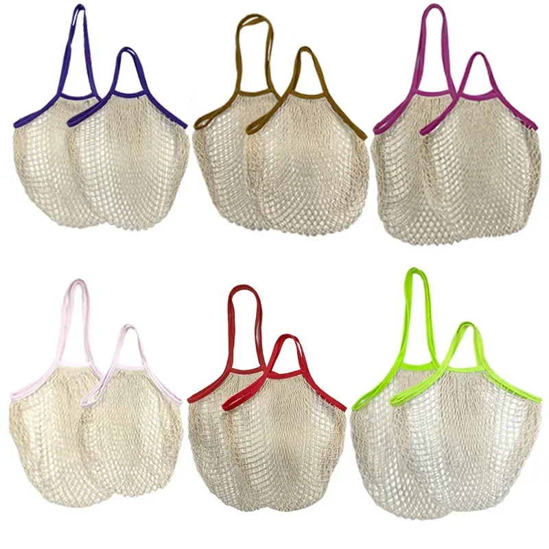 Portable Cotton Mesh Shopping Bags for Supermarket Vegetable Fruit Grocery Handbag Handle Net Mesh Hollow Reusable Woven Bag