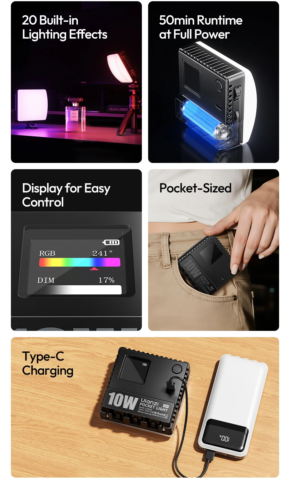 Ulanzi C10RGB Pocket Power 10W RGB-Videoleuchte 1800K-9000K Bi-Color-LED-Licht für Telefonkamera Stativ Video Vlog Fotografie – Detail 3