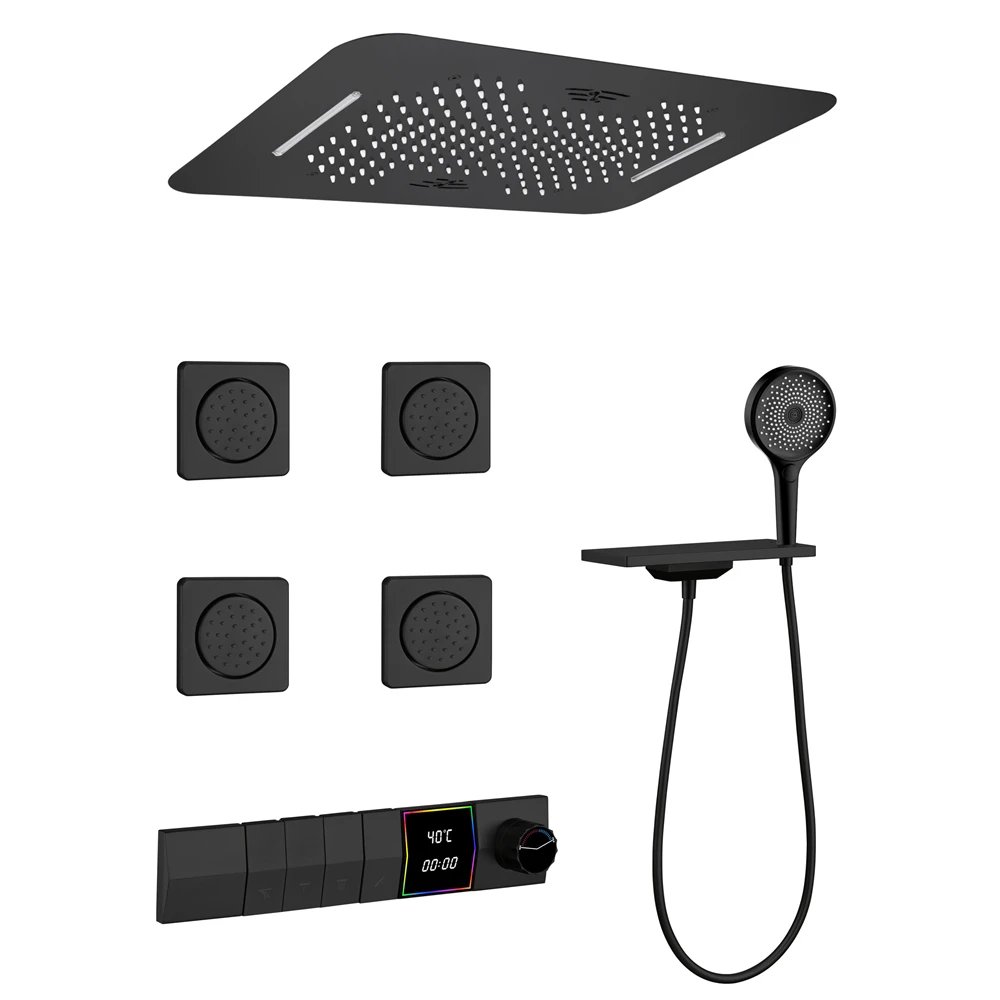 Beyoon Ceiling Embedded LED 23*15 Inch Rain Waterfall Shower Head Sound System Modern Wall Mounted Thermostatic Shower Faucet