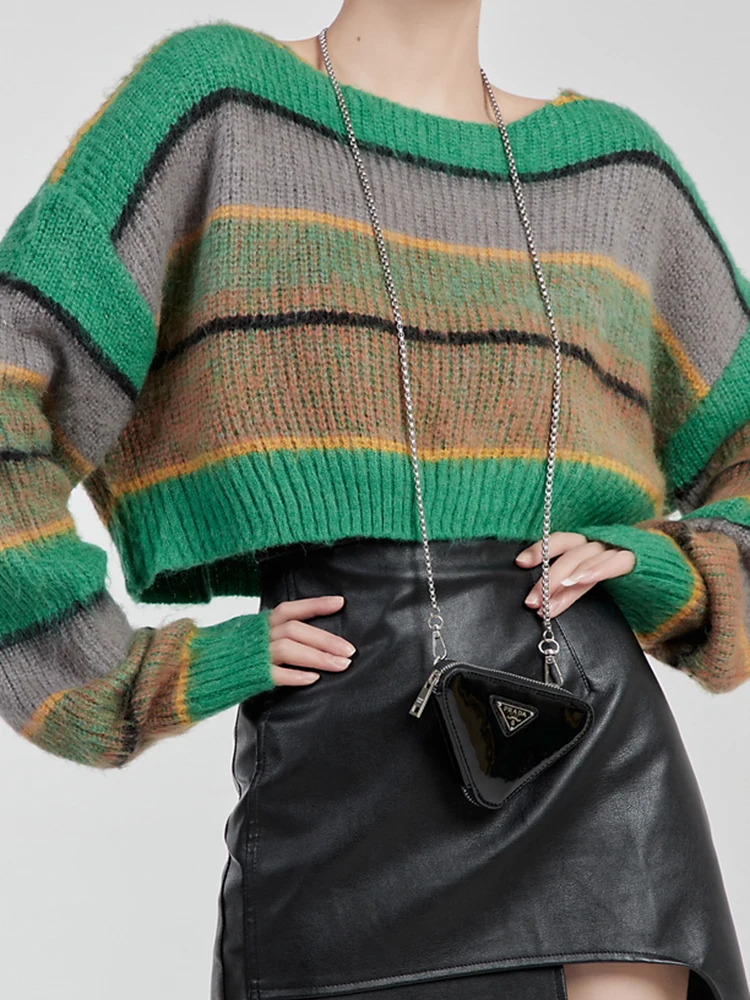 

Autumn Loose Vintage Women's Sweater Pullover Striped Color Blocking O-Neck Knitted Short Sweaters for Women Jumper Tops