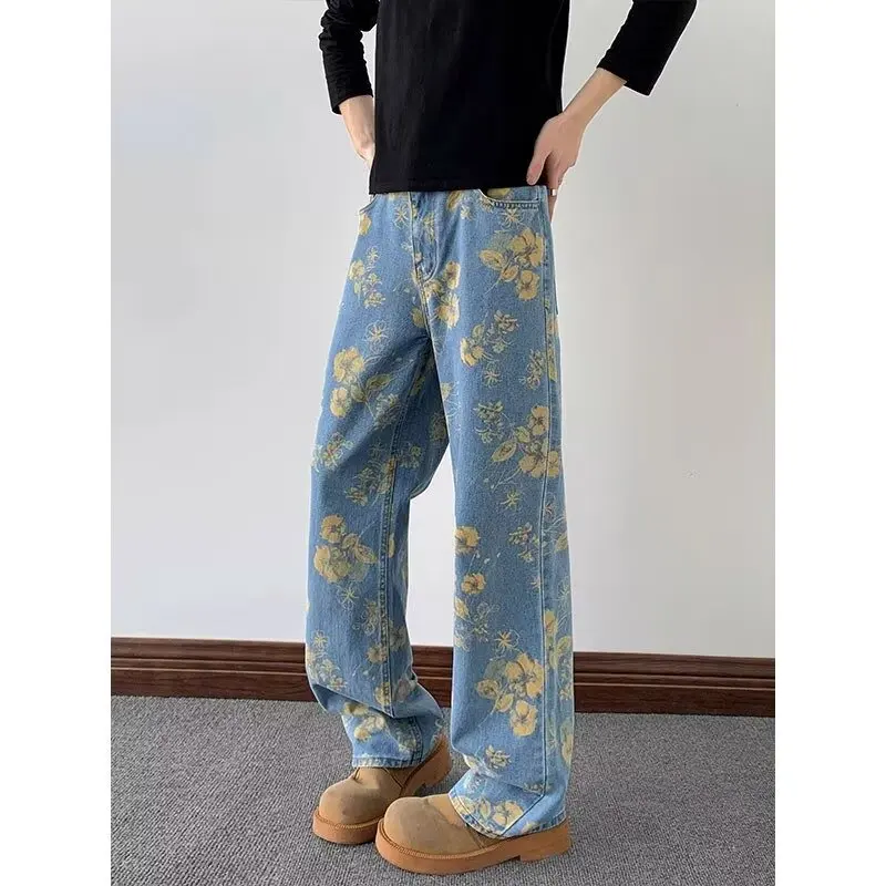 

Floral High Waist Wide Leg Jeans High Waist Wide Leg Tie Dye Print Jeans Casual Straight Floor Length Pants y2k Blue Denim Pants