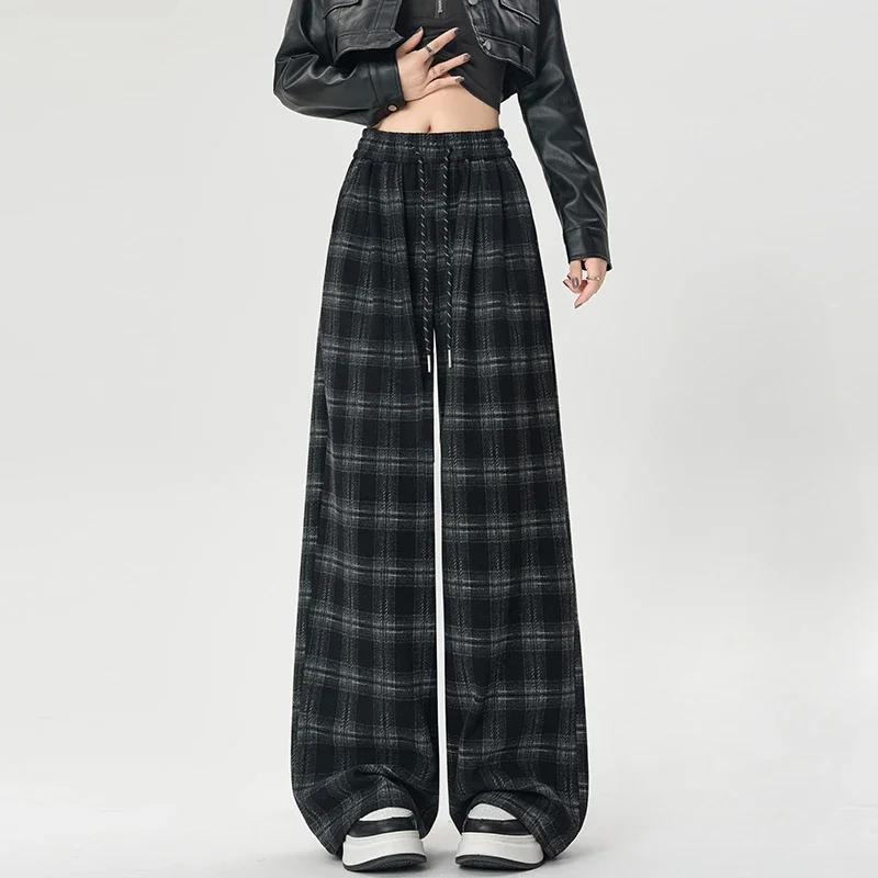 Woolen Plaid Straight Pants for Women Harajuku Autumn Winter Retro Casual Trousers Baggy Elastic High Waist Wide Leg Pants Mujer